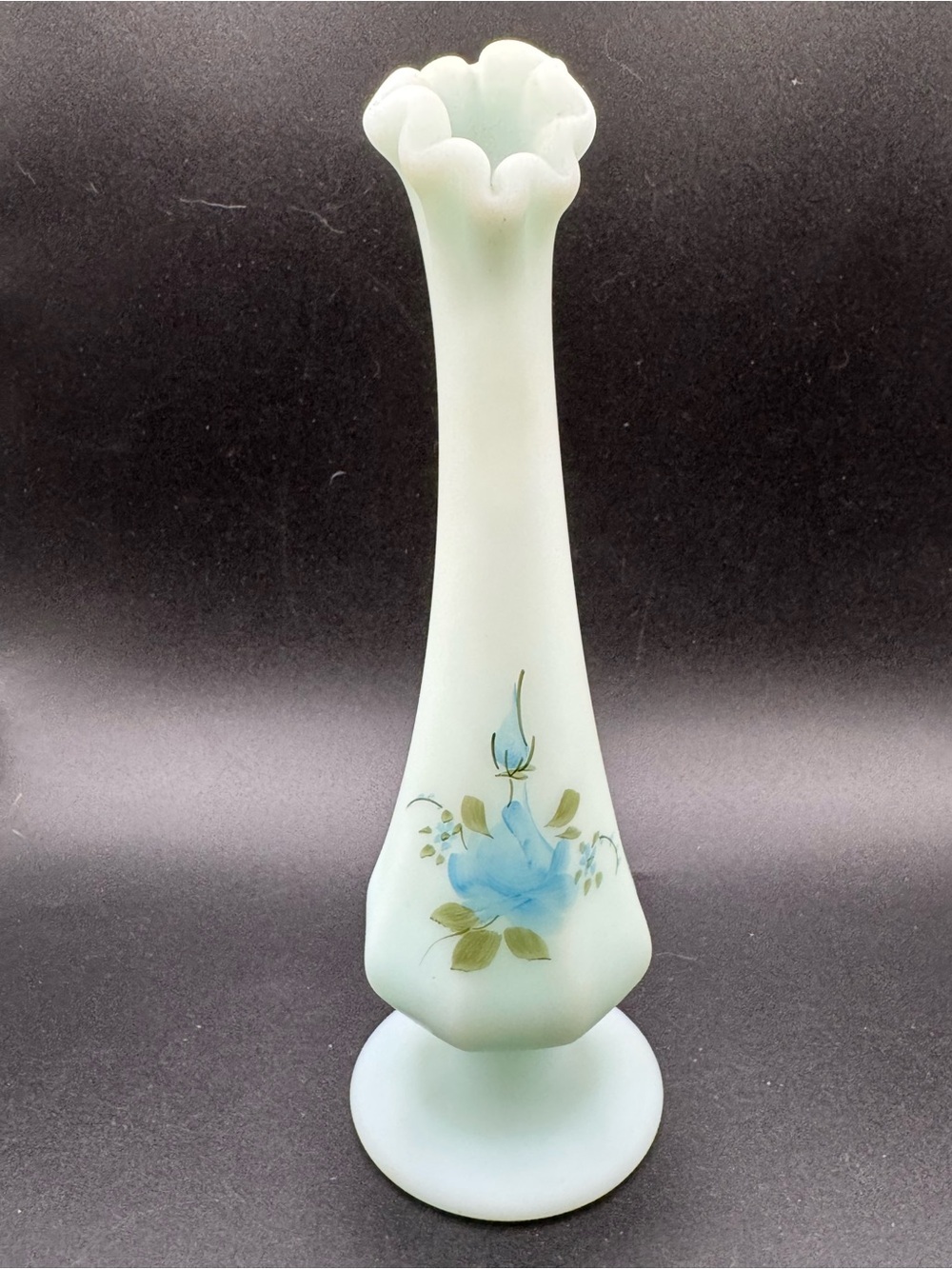 VTG Fenton Custard Satin Swung Glass Bud Vase Cottage Rose Hand Painted Signed